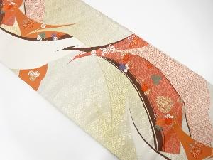 鶴に花唐草模様織出し袋帯